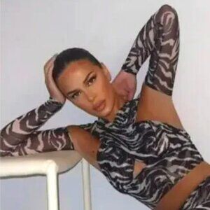 NAKED WARDROBE Zebra Print Mesh Wrap Cut Out Crop Top, Black/White L NWT